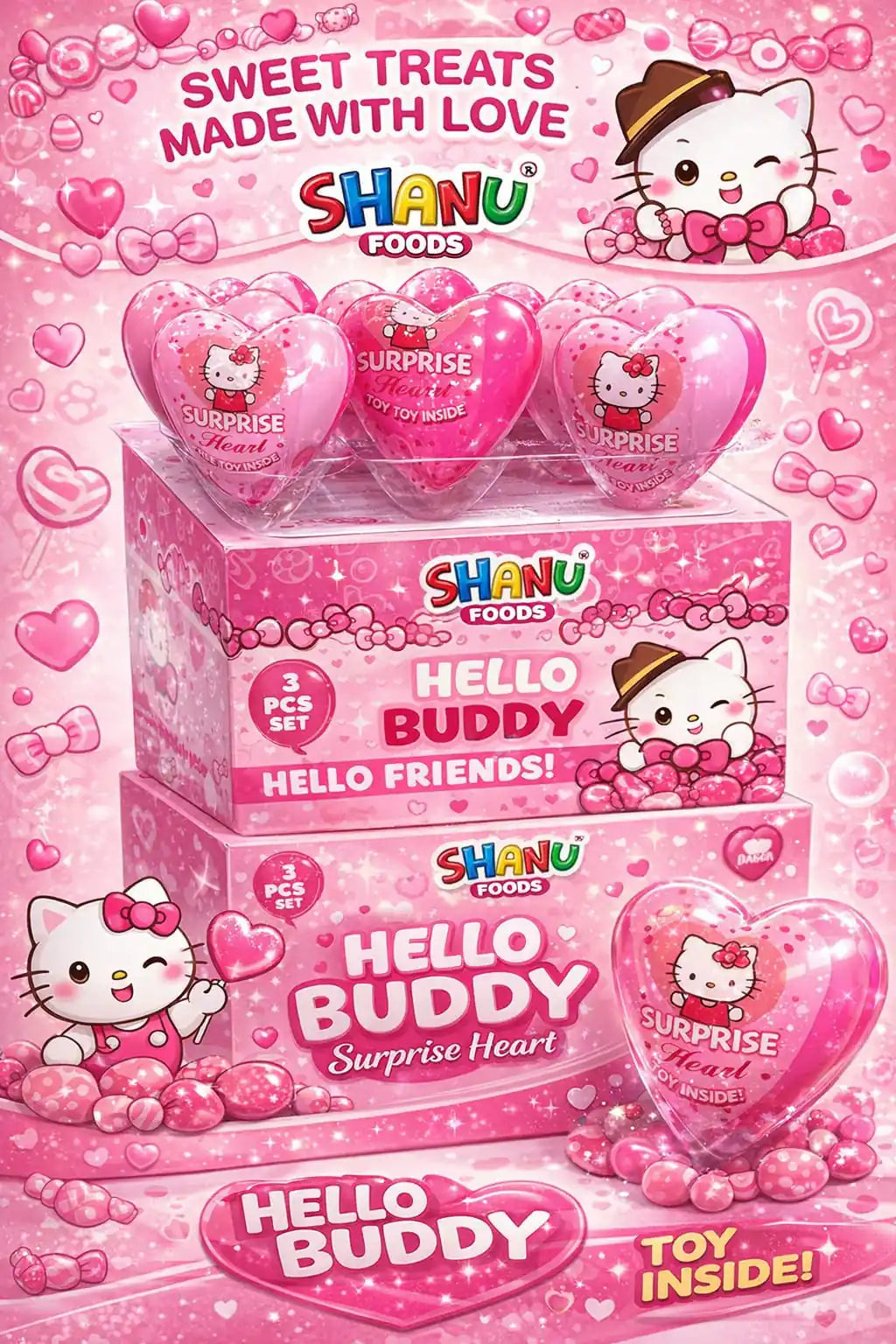 Shanu Foods Hello Buddy Surprise Heart Candies | 100pcs Box | Sweet Treats for Kids & Parties