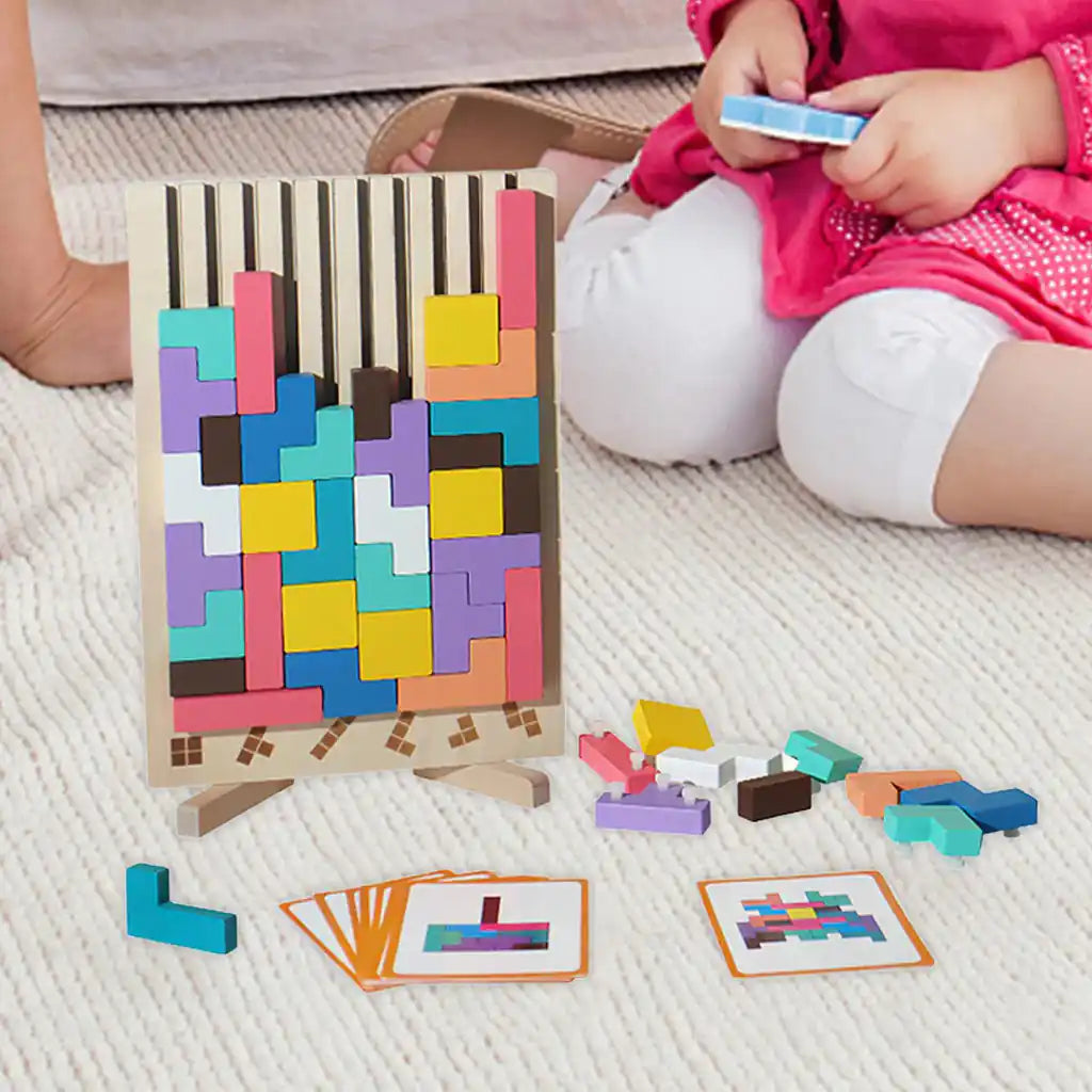 Wooden Puzzle Tetris Game | Montessori Learning Aid | 3D Colourful Blocks | Creative Geometry Toy for Kids & Families