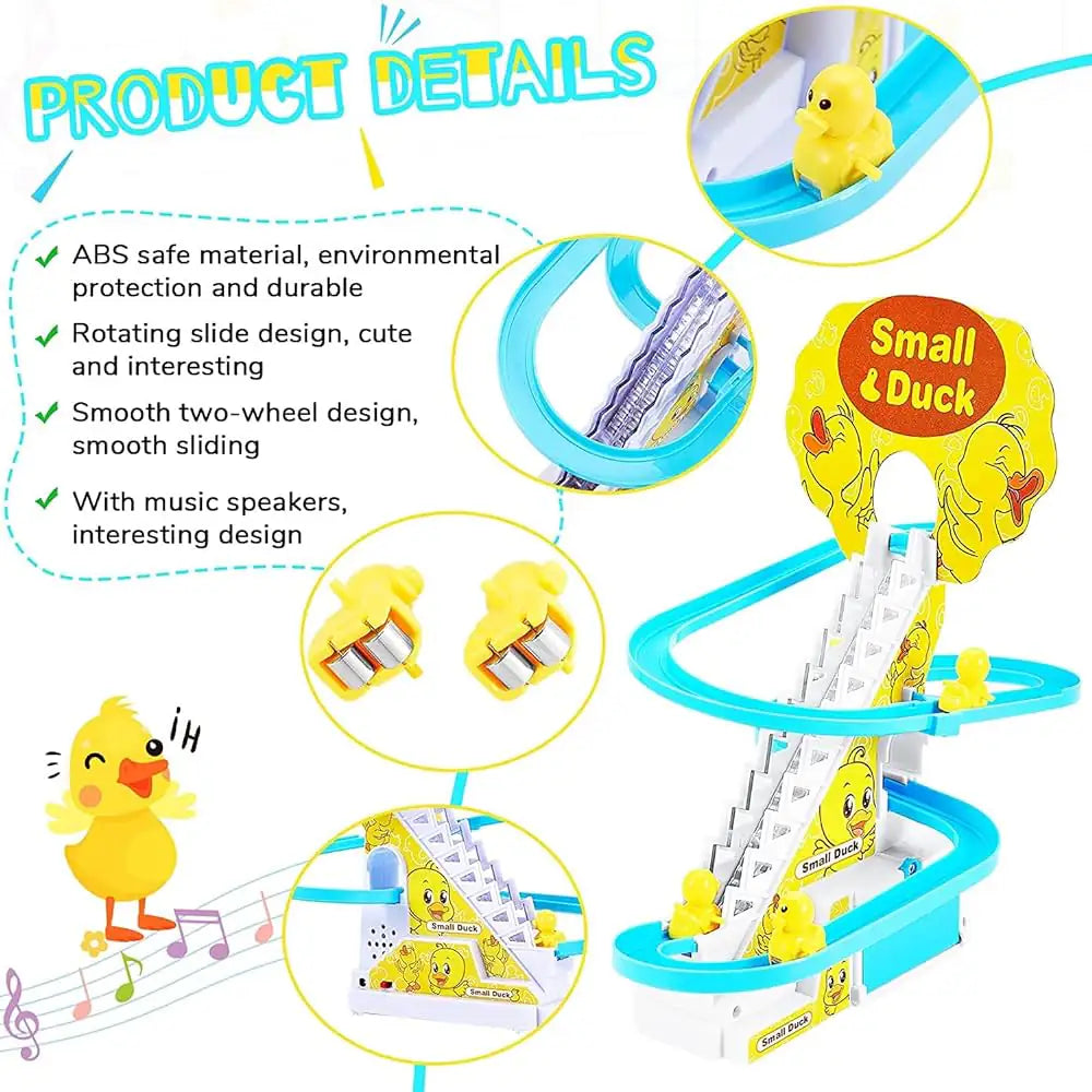 Kidology Electric Stair Climbing Track Toy for Kids, Duck Roller Coaster Toys with Flashing Lights and Music for Toddlers Boys and Girls (3 Duck Slide)