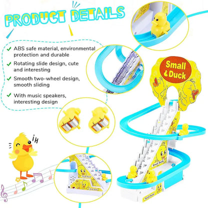 Kidology Electric Stair Climbing Track Toy for Kids, Duck Roller Coaster Toys with Flashing Lights and Music for Toddlers Boys and Girls (3 Duck Slide)